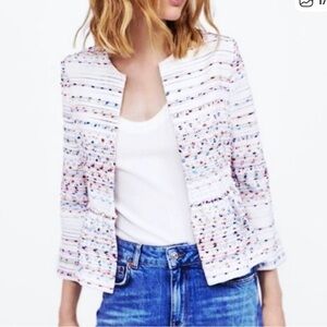 Zara White Tweed Collarless Jacket with Multicolor Flecks